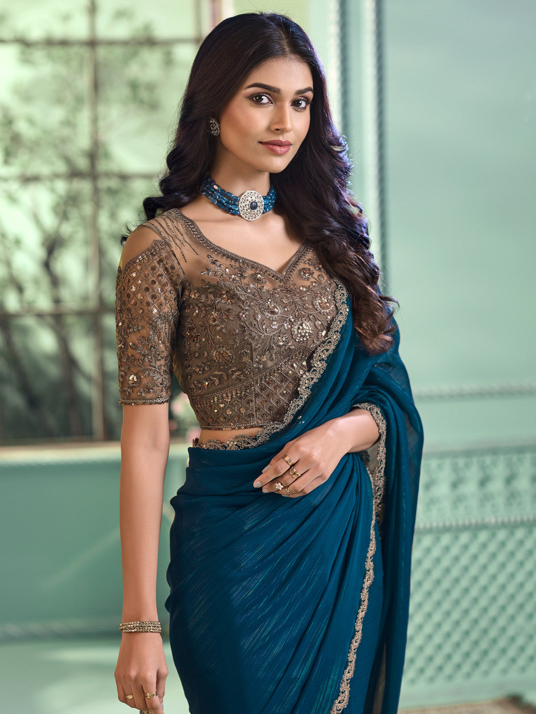 Women's Georgette Teal blue Embellished Designer Saree With Blouse Piece