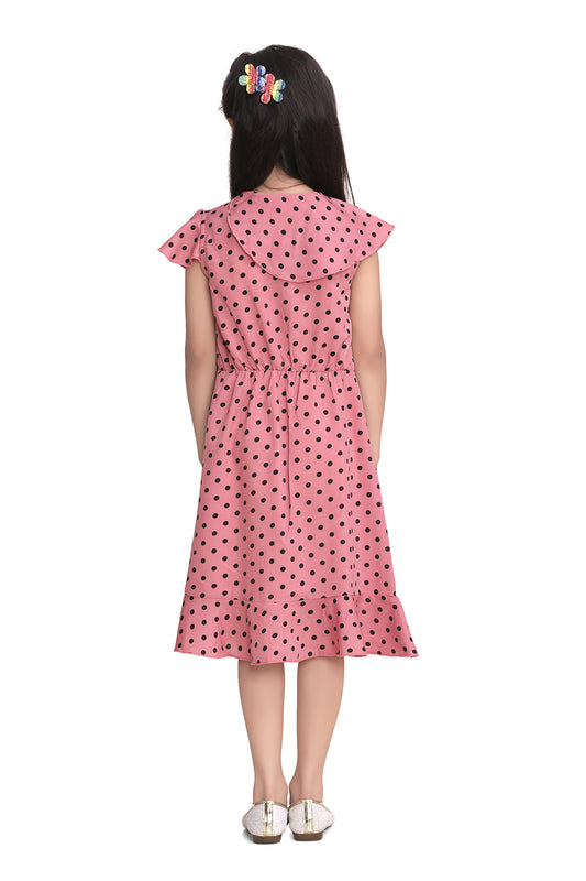 Girls Pink Polka Dot Polyester Crepe Dress with Ruffle
