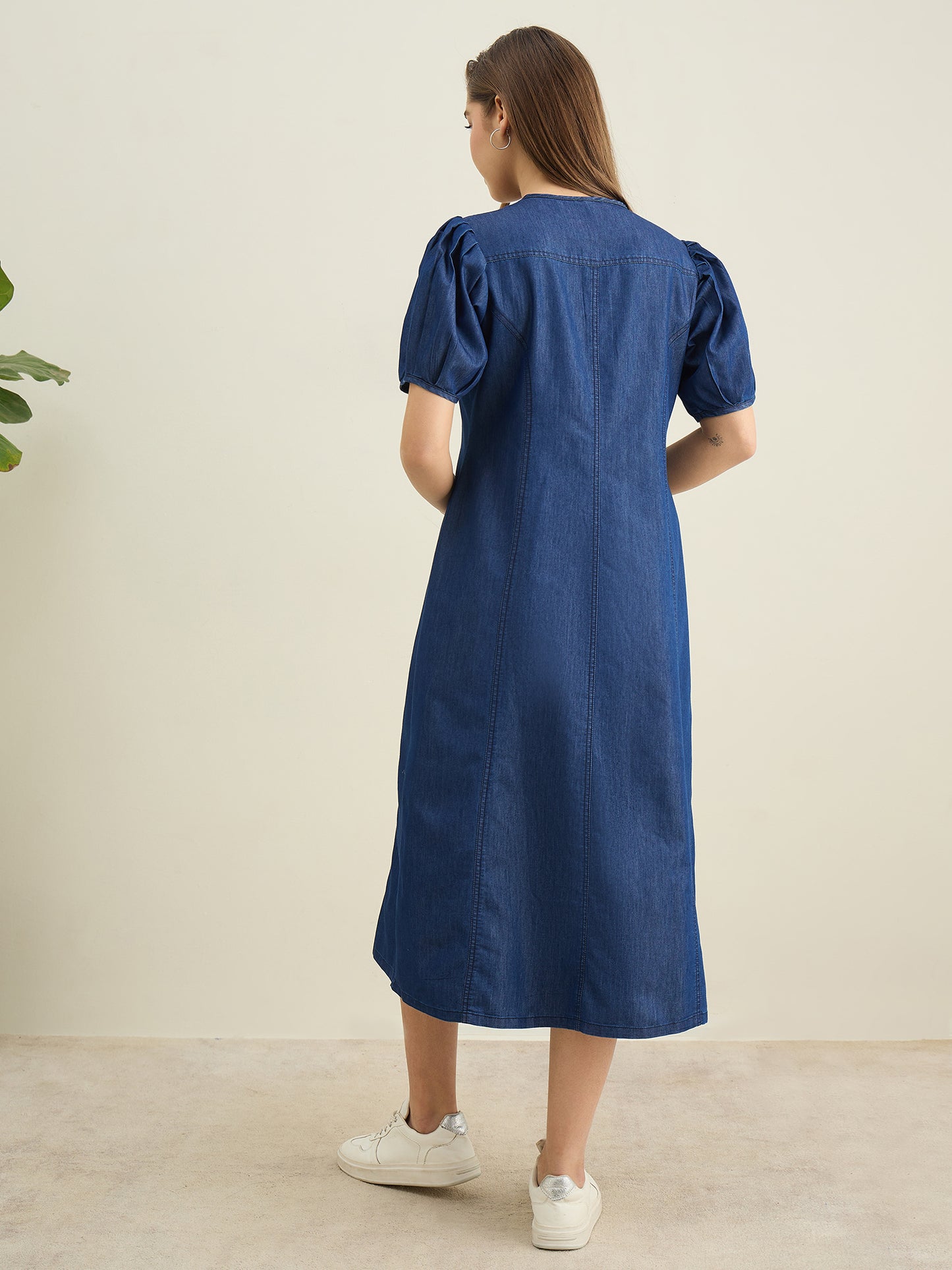 StyleStone Women's Denim Dress with Puff Sleeves