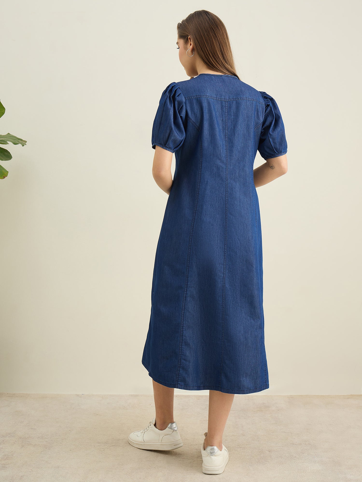 StyleStone Women's Denim Dress with Puff Sleeves