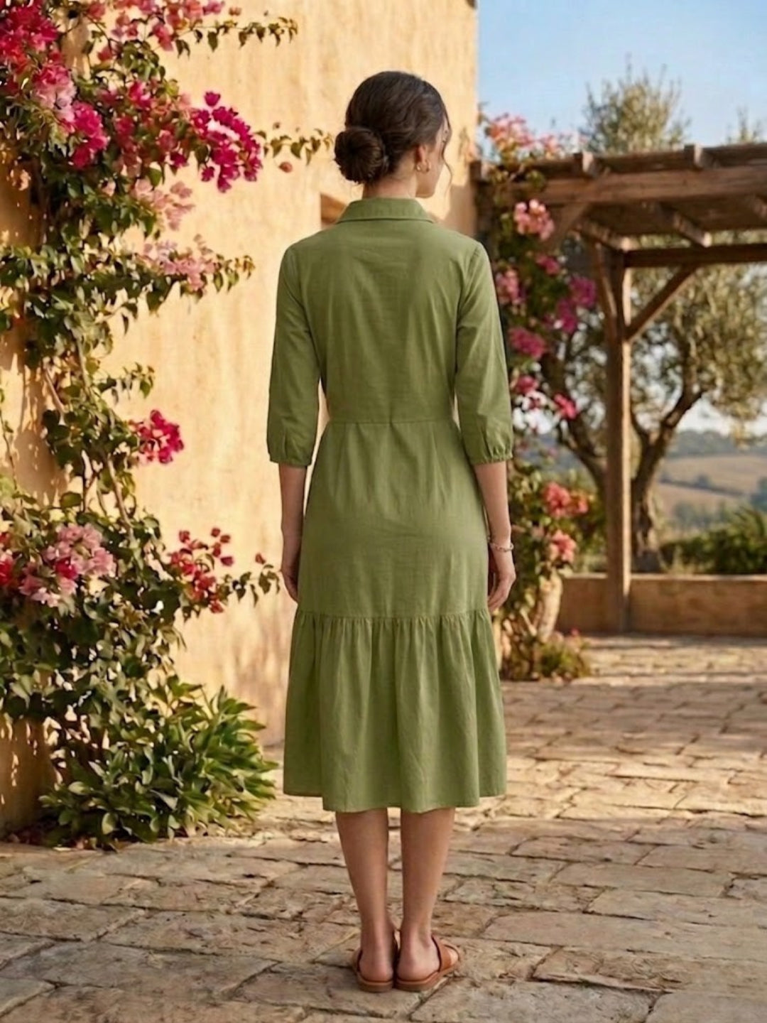 Olive Embroidered Cotton Shirt Dress-ADR-22016