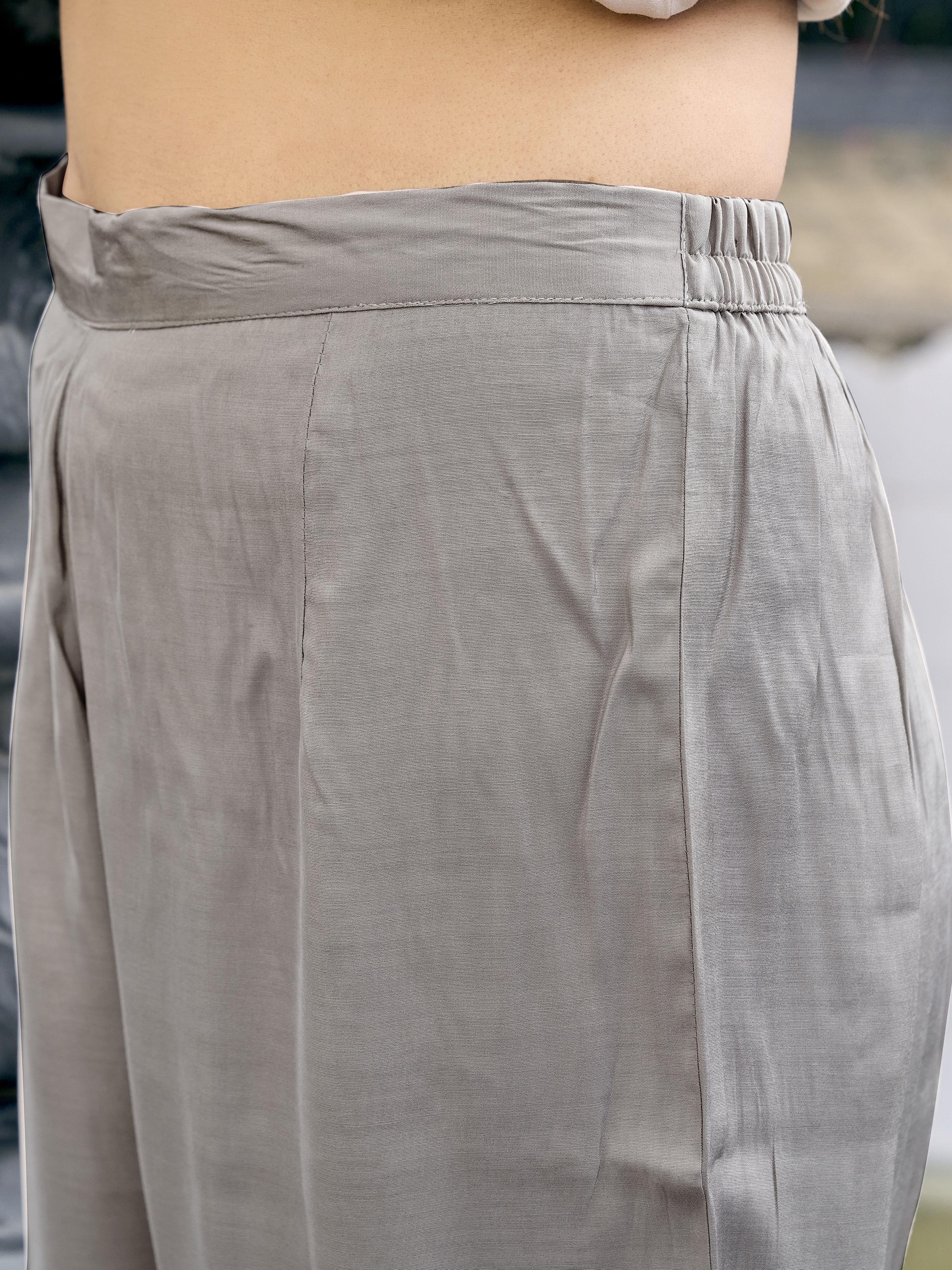 Steel Grey color silk blend thread & sequence work on neck A line kurta & trouser with dupatta set 