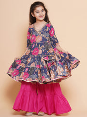 Placement Print Three-Fourth Sleeves Above Knee Length Cotton Kurta With Sharara - Navy Blue