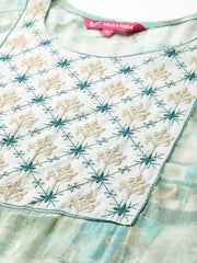 Women Tourquoise Blue  Round Neck Embroidered Yoke Printed Kurta Paired With Printed Bottom & Tie-Dye Dupatta