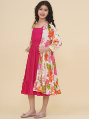 Cotton Woven Three Fourth Sleeves Floral Print Fit And Flare Ethnic Dress With Jacket - Pink