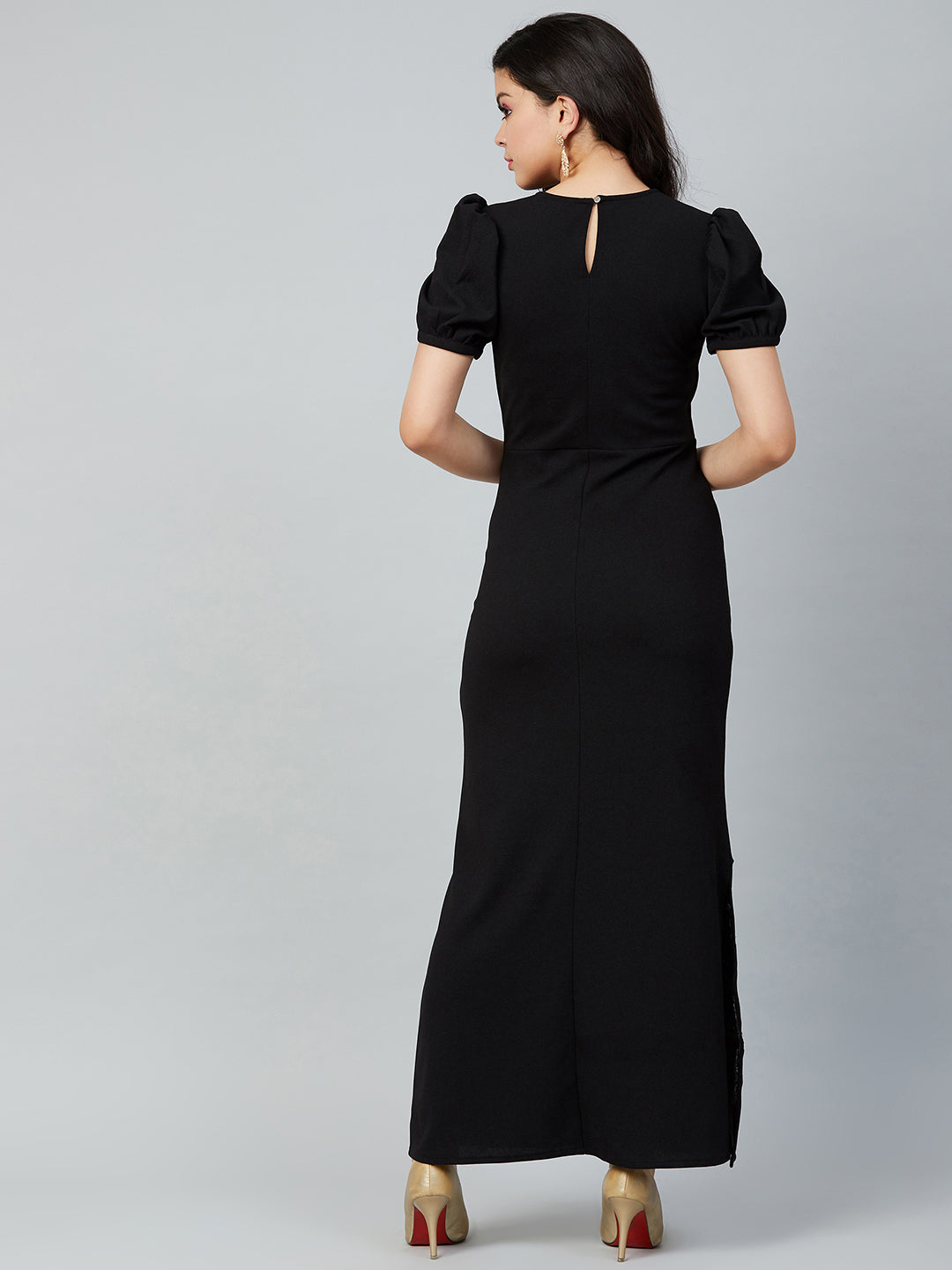 Women Embroidered Puff Sleeve Sheath Maxi Dress
