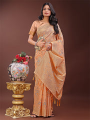 Elegant Orange Linen Cotton Saree with Floral Weave & Soft Gold Pallu – Graceful Choice for Casual, Office & Festive Looks