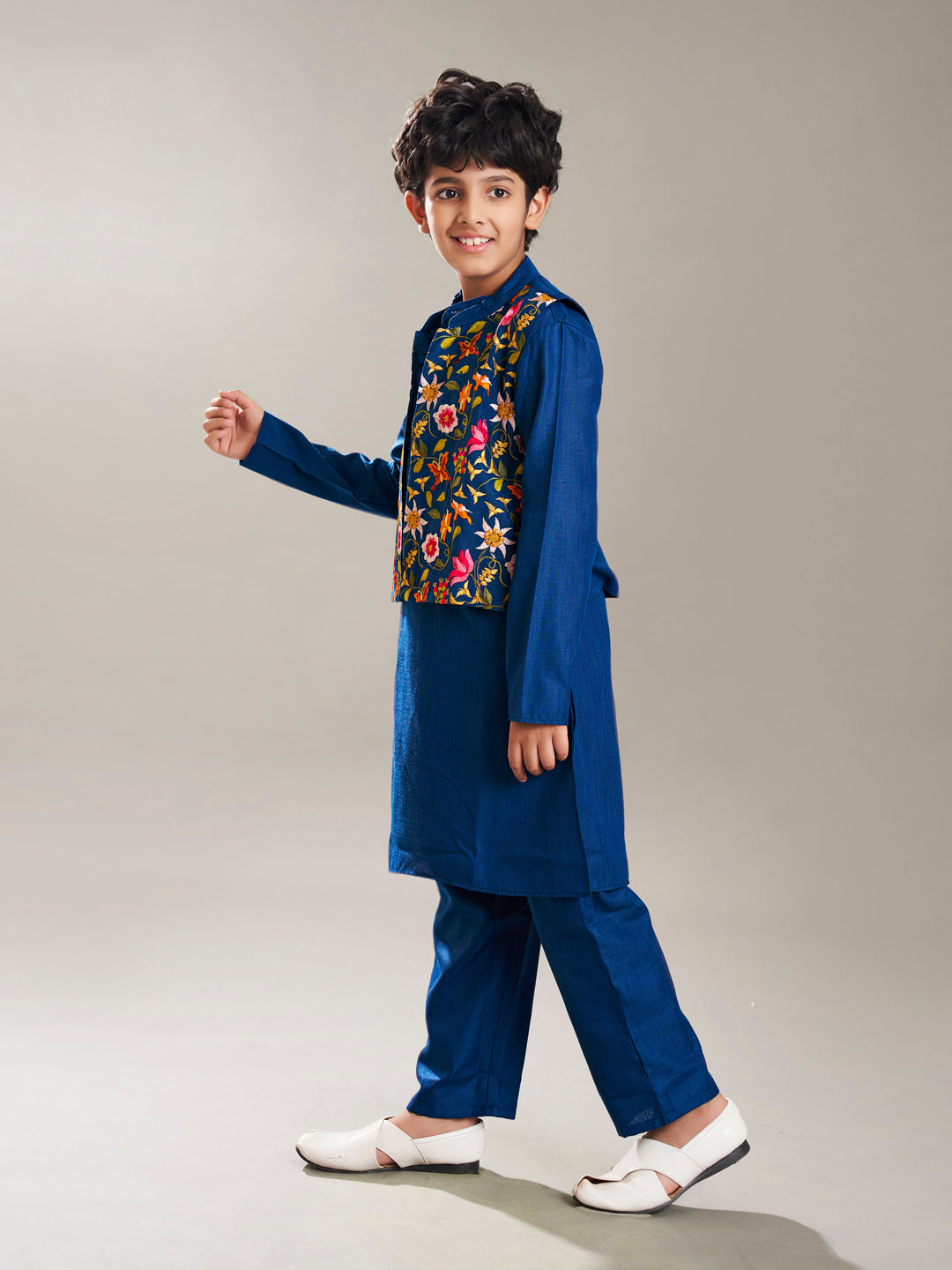 Boys blue kurta pajama with a blue embroidry jacket