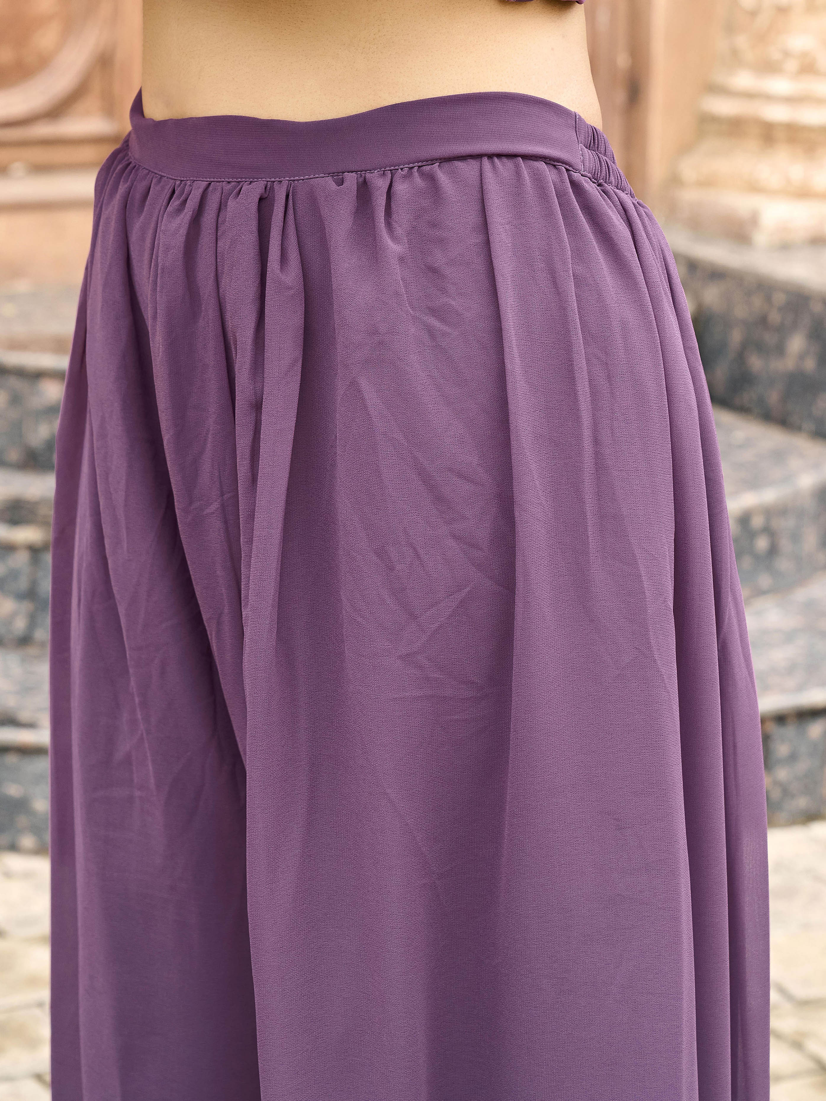 Mauve color georgette with off white thread embroidered kurta & palazzo with dupatta set 