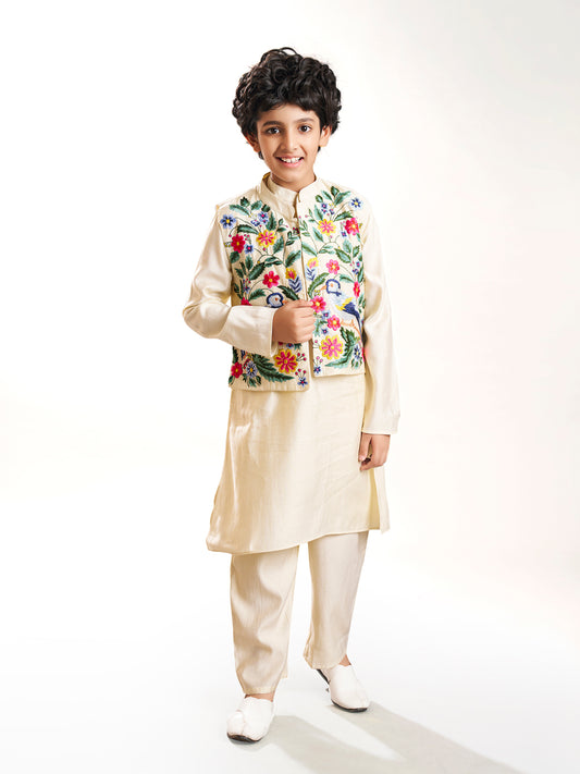 Boys off white kurta pajama with a off white embroidry jacket