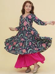 Girls Blue Pink Floral Printed Angrakha Kurta with Sharara