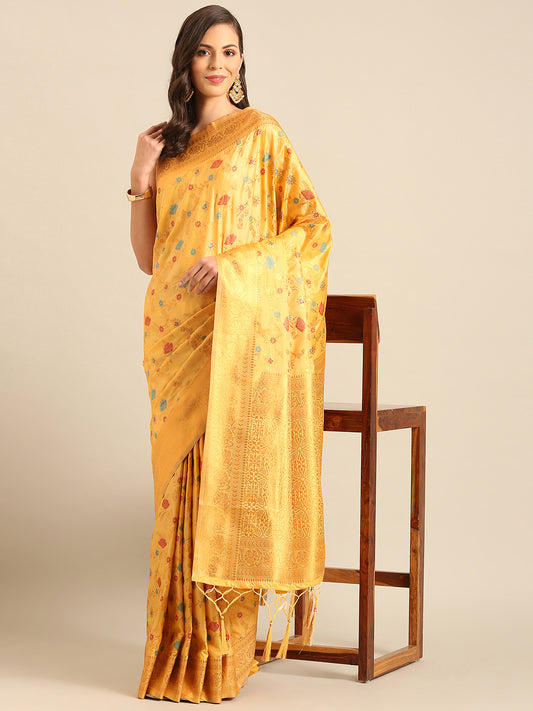 Graceful Yellow Banarasi Silk Saree with Golden Zari Woven Border & Floral Jaal – Wedding & Festive Wear
