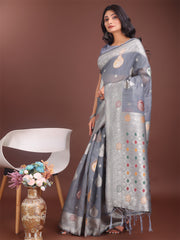 Elegant Olive Green Linen Cotton Saree with Zari Border & Woven Motifs – Perfect for Sophisticated Everyday & Festive Looks