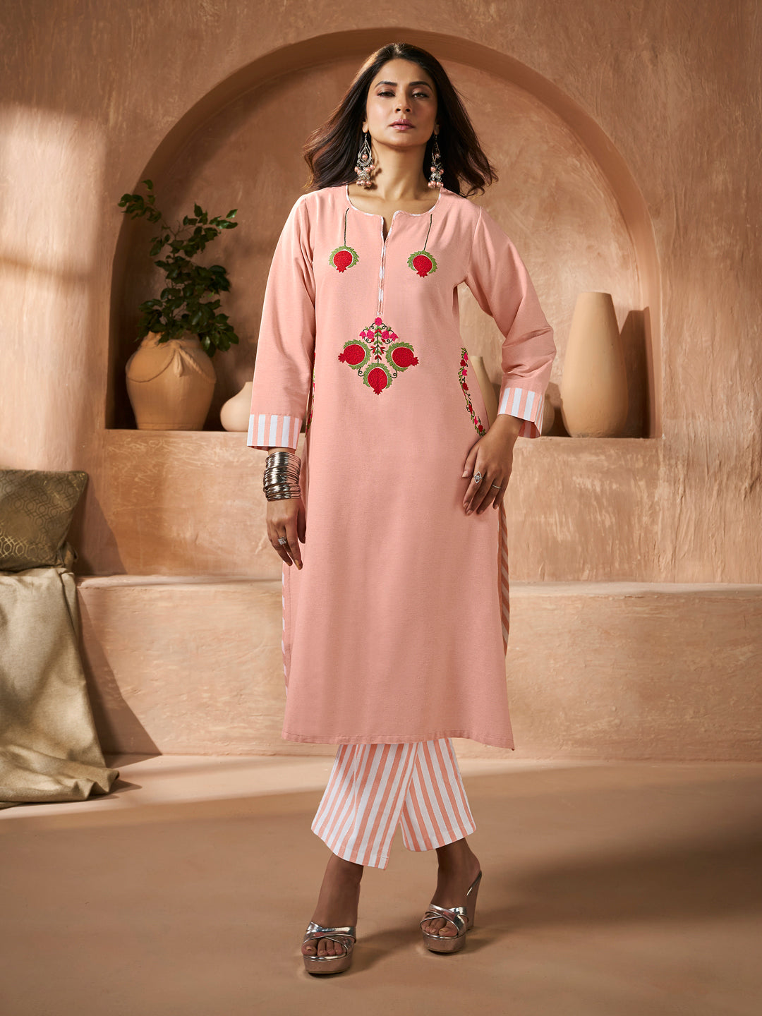 Peach Floral Embroidery Straight Kurta Set