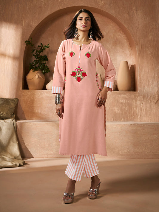 Peach Floral Embroidery Straight Kurta Set