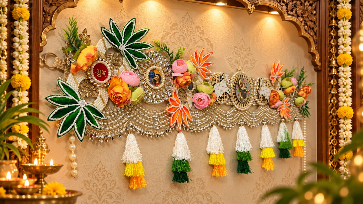 Decorative Handmade Toran Door Valance, Green Orange Floral Design with Kundan, Jarkan & handmade patches Work, Pearl Beading, Tassel Trim, Traditional Indian Style