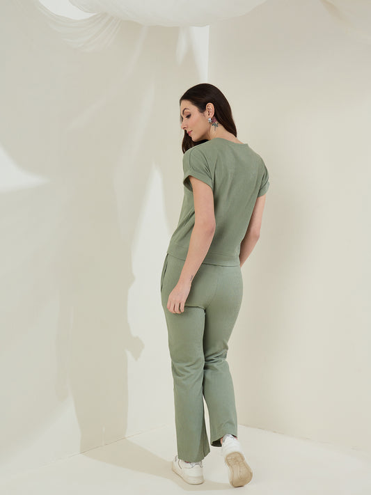 Women's  Olive Ribbed Cotton Co-Ord Set