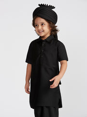 Boys' B Black Viscose Kurta Lungi And Safa set