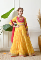 Girls Yellow Embroidered Lehenga Choli Set with Dupatta