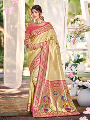 Traditional Yellow Kanjivaram Silk Saree with Rich Red Border and Peacock Pallu Design