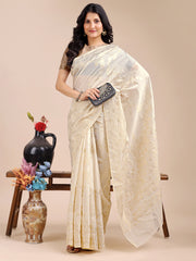 Elegant Cream Cotton Saree – Timeless Charm with Floral Detailing