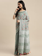 Royal Beige Linen Cotton Saree with Vibrant Floral Zari Border | Premium Festive & Party Collection