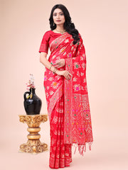 Elegant Banarasi Cotton Saree with Zari Leaf Motifs and Rich Pallu - Traditional Indian Saree for Festive & Wedding Wear