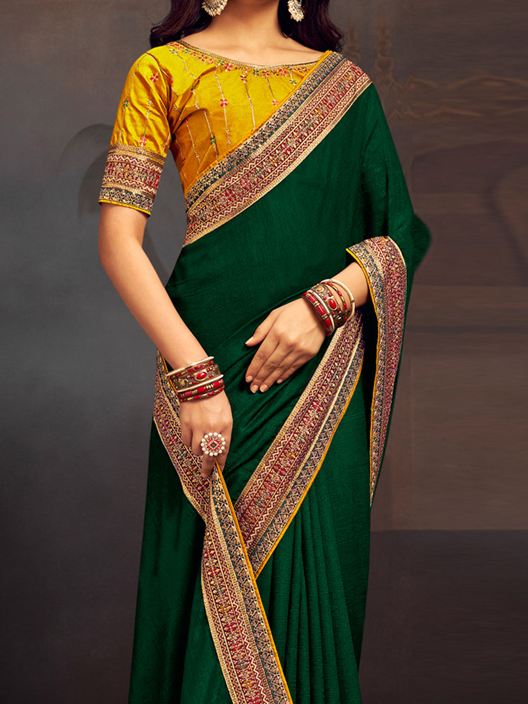 Women's Vichitra Silk Green Embroidered Designer Saree With Blouse Piece