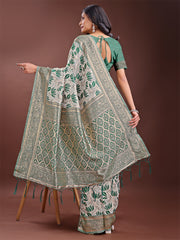 Stunning Beige & Red Linen Saree with Floral Print and Rich Zari Pallu – Festive & Traditional Wear