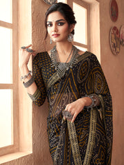 ساري نسائي أسود من الشيفون مزين بتصميم أنيق مع قطعة بلوزة