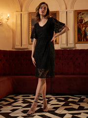 Floral Self Design V-Neck Bell Sleeves Backless Lace Detail A-Line Dress