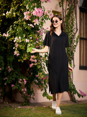 Black Self Design Shirt Collar T-Shirt Dress