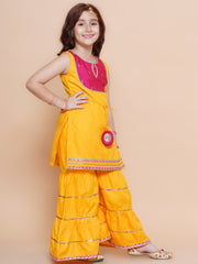 cotton Woven Sleeveless Solid Flared Kurta And Sharara With Dupatta Set