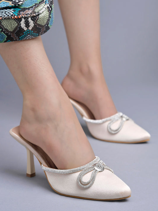 حذاء Shoetopia بكعب ذهبي مدبب بفيونكة مزدوجة ومزين بالكريستال للنساء والفتيات