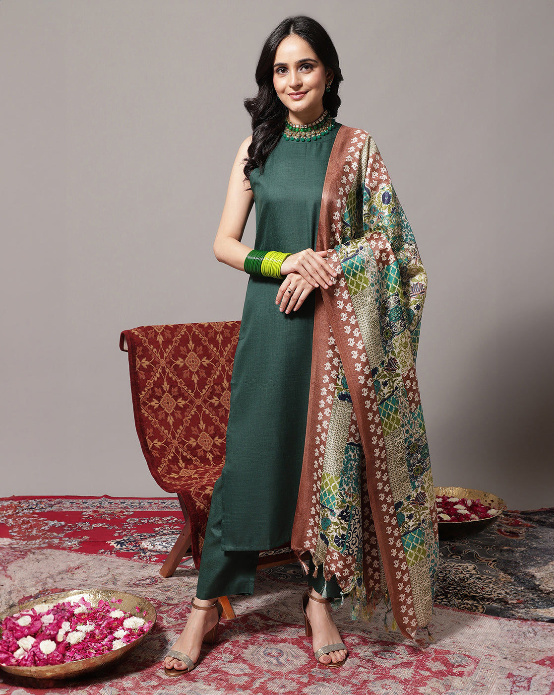 Women  Green Halter Neck Solid Straight  Kurta Paired With Tonal Bottom And Printed Bhagalpuri Dupatta