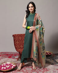 Women  Green Halter Neck Solid Straight  Kurta Paired With Tonal Bottom And Printed Bhagalpuri Dupatta