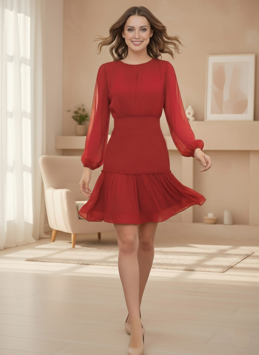 Round Neck Long Sleeves Fit and Flare Dress-ADR-19711B