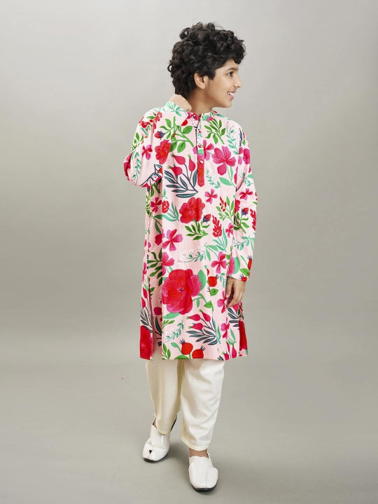Boys Peach floral printed kurta with a off white pajama