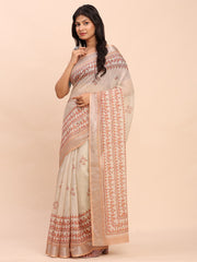 Soft Linen Cotton Saree for Women with Blouse | Elegant Cream Beige Saree with Peach Floral Print & Subtle Zari Border | Lightweight Daily & Festive Wear