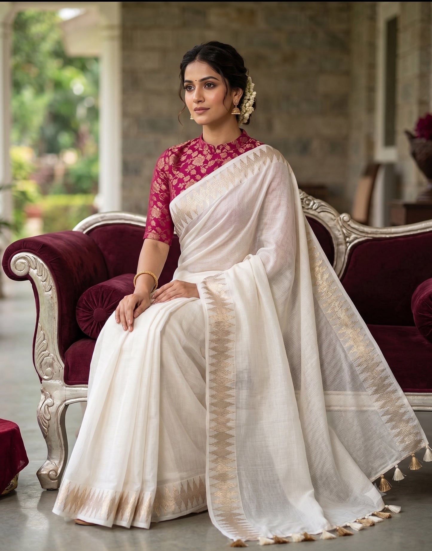 soft kota saree with zari woven zig zag border.cotton tassels on pallu.contrast zari woven banarasi silk blouse