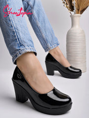 حذاء Shoetopia بكعب أسود سادة للنساء والفتيات