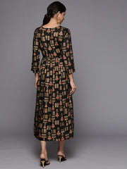 VARANGA BLACK GOLD PRINTED DRESS WITH ROUND NECK