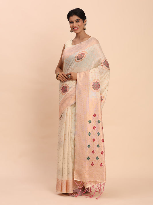Elegant Off White Linen Cotton Saree with Woven Pallu, Big Butta Work & Tassels – Office & Festive Wear