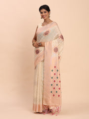 Elegant Linen Cotton Saree with Woven Pallu, Big Butta Work & Tassels - Office & Festive Wear