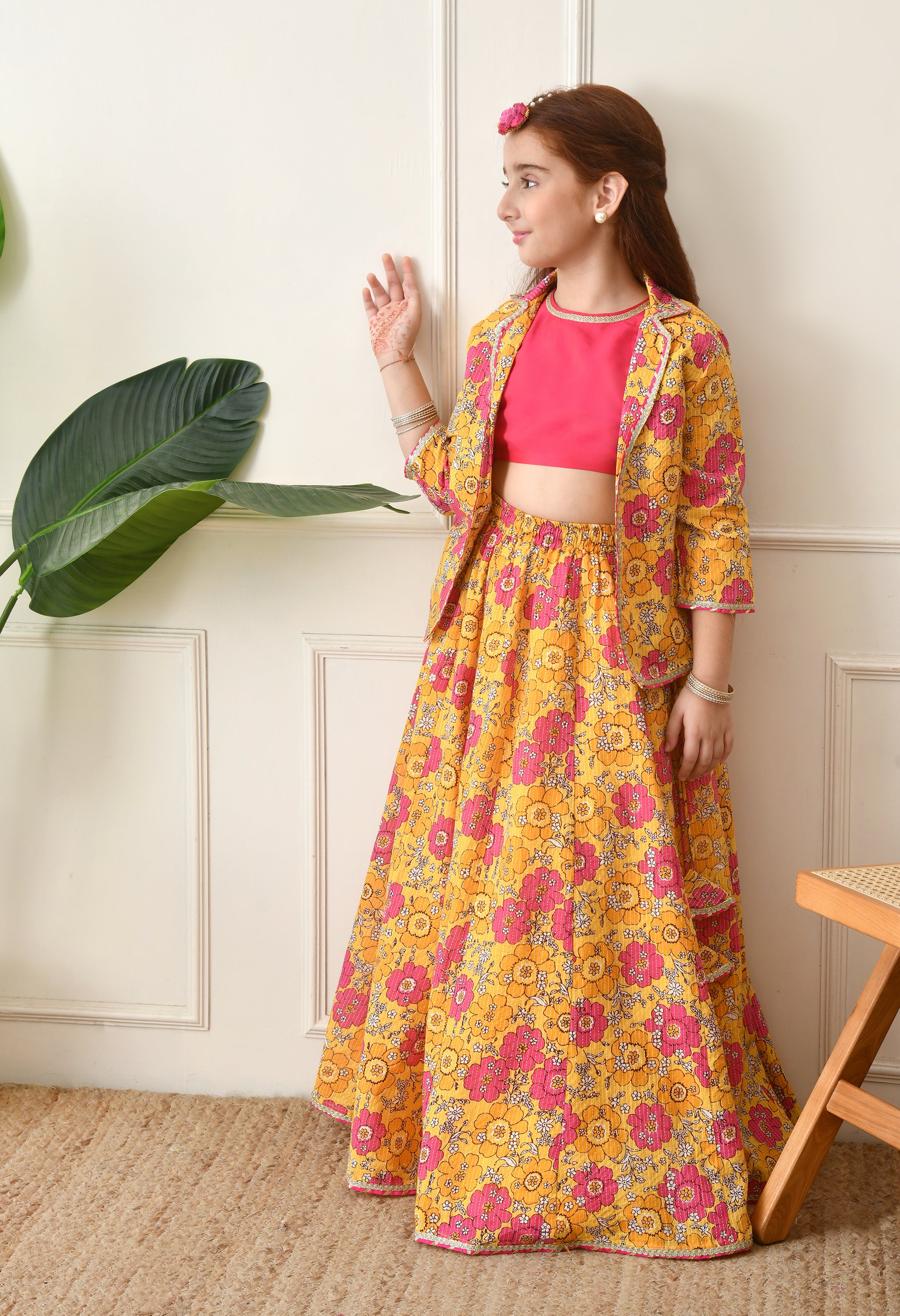 Girls Mustard Yellow Floral Printed Lehenga Choli Set with Stylish Jacket