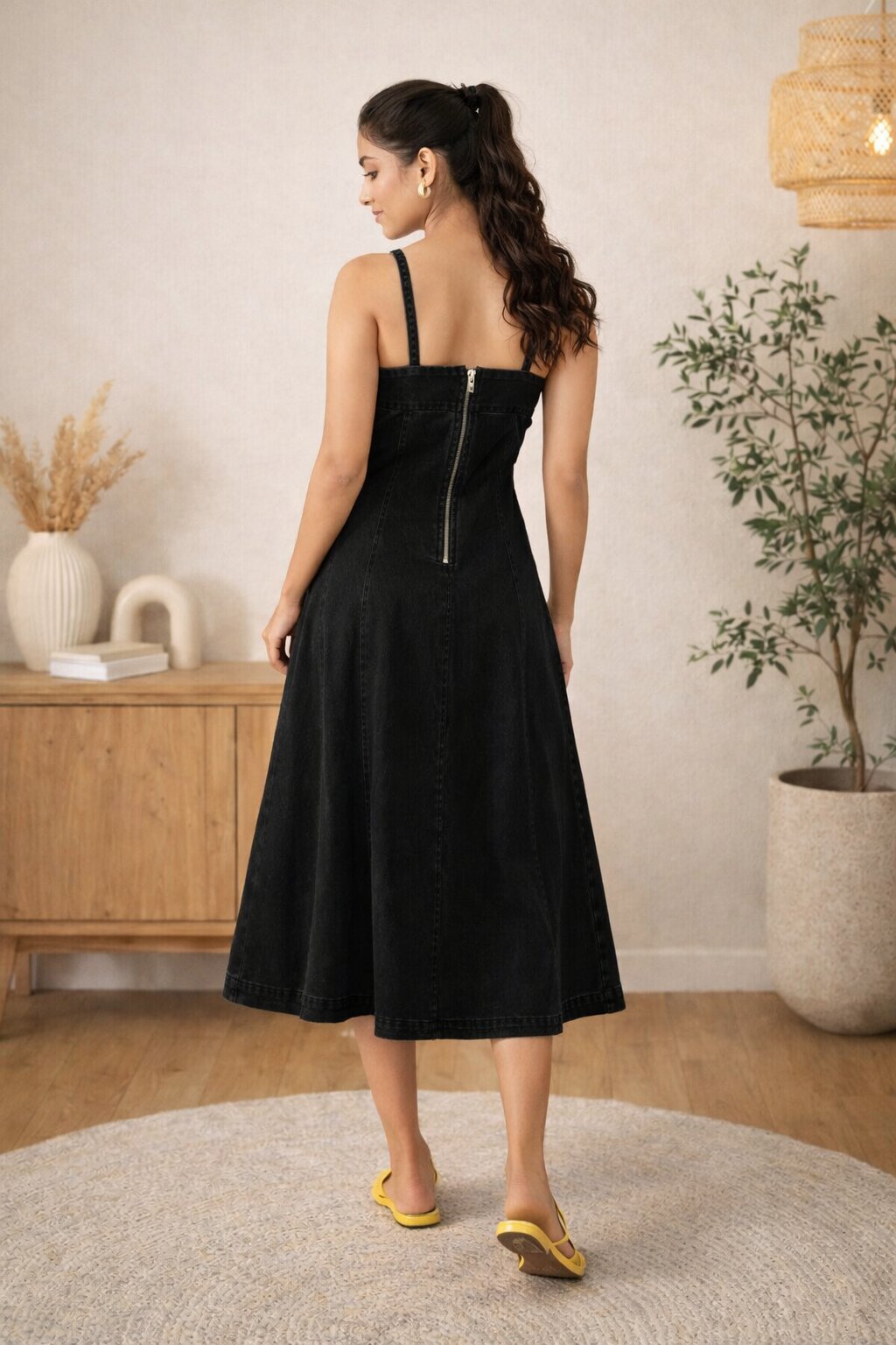 StyleStone Women's Black Denim Dress with Shoulder straps