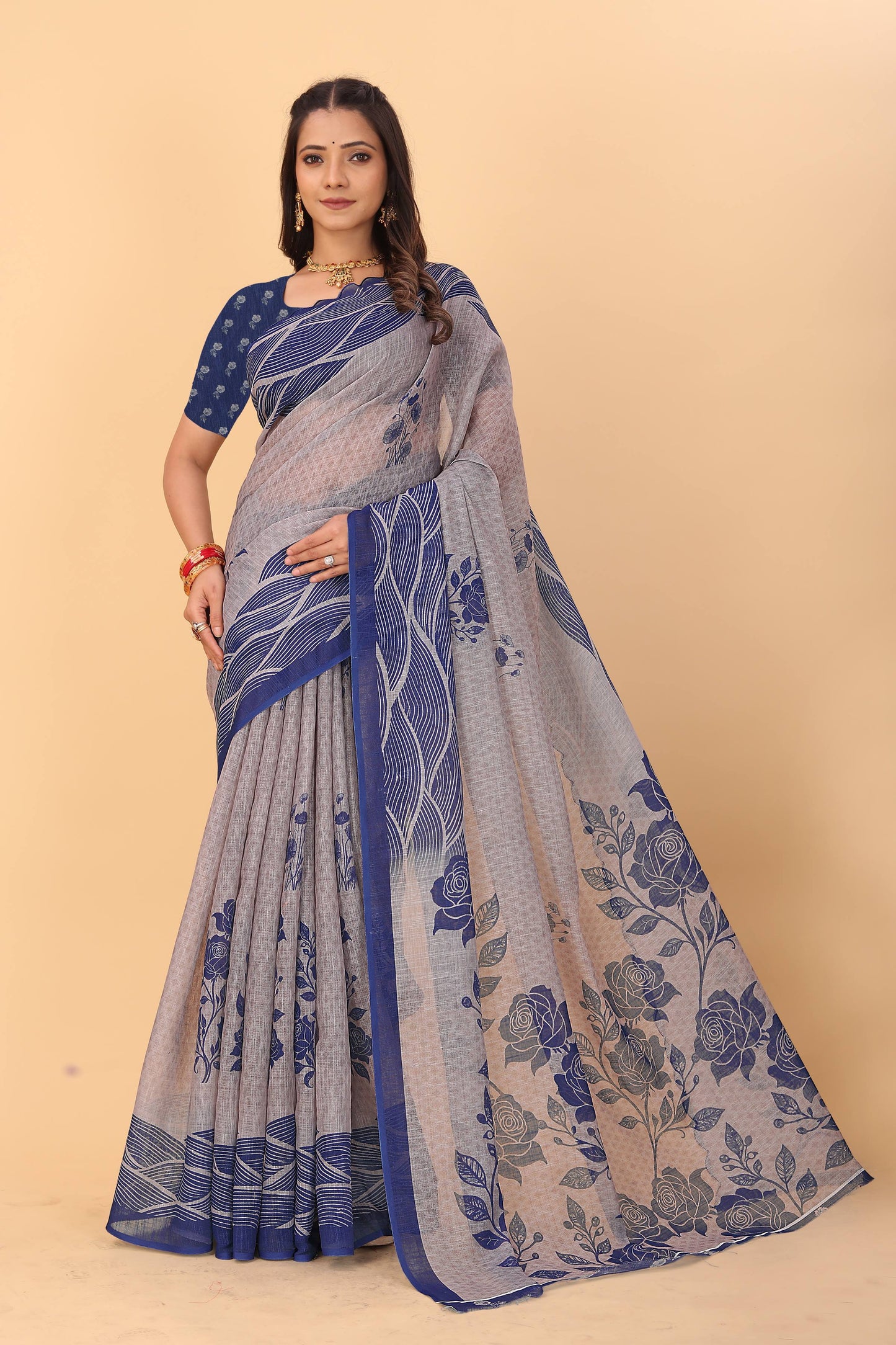Soft linen saree with shaded style prints and cutwork