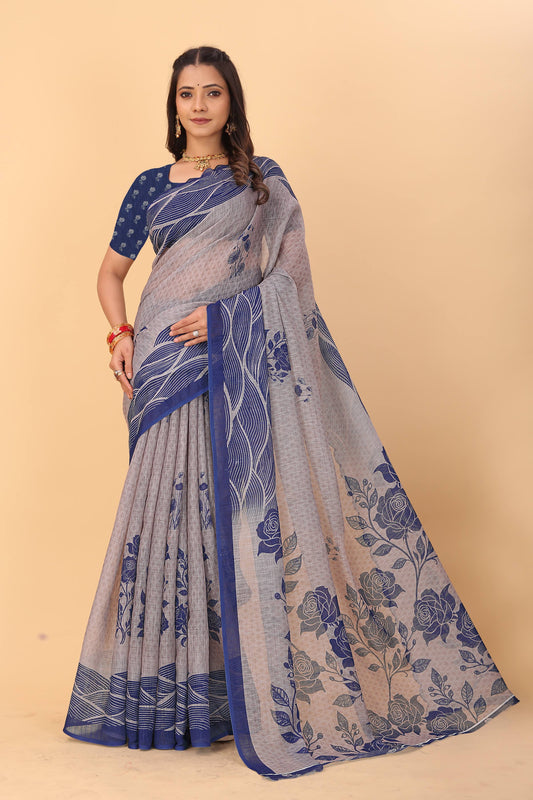 Soft linen saree with shaded style prints and cutwork