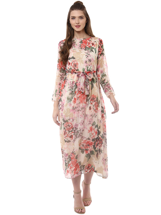 Women's Floral Chiffon Dress with Belt