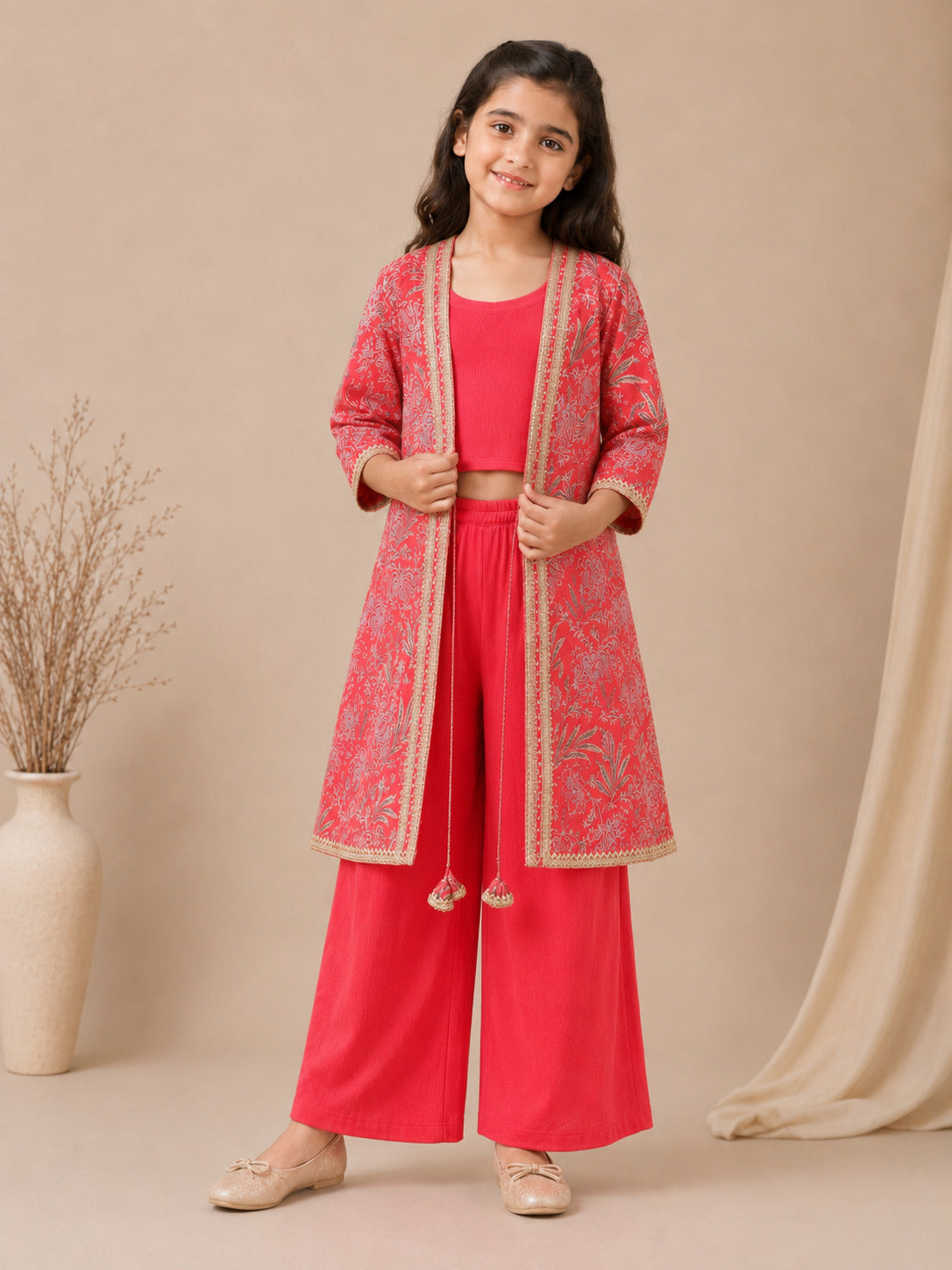 Girls Red Top With Matching Plazzo & Printed Jacket